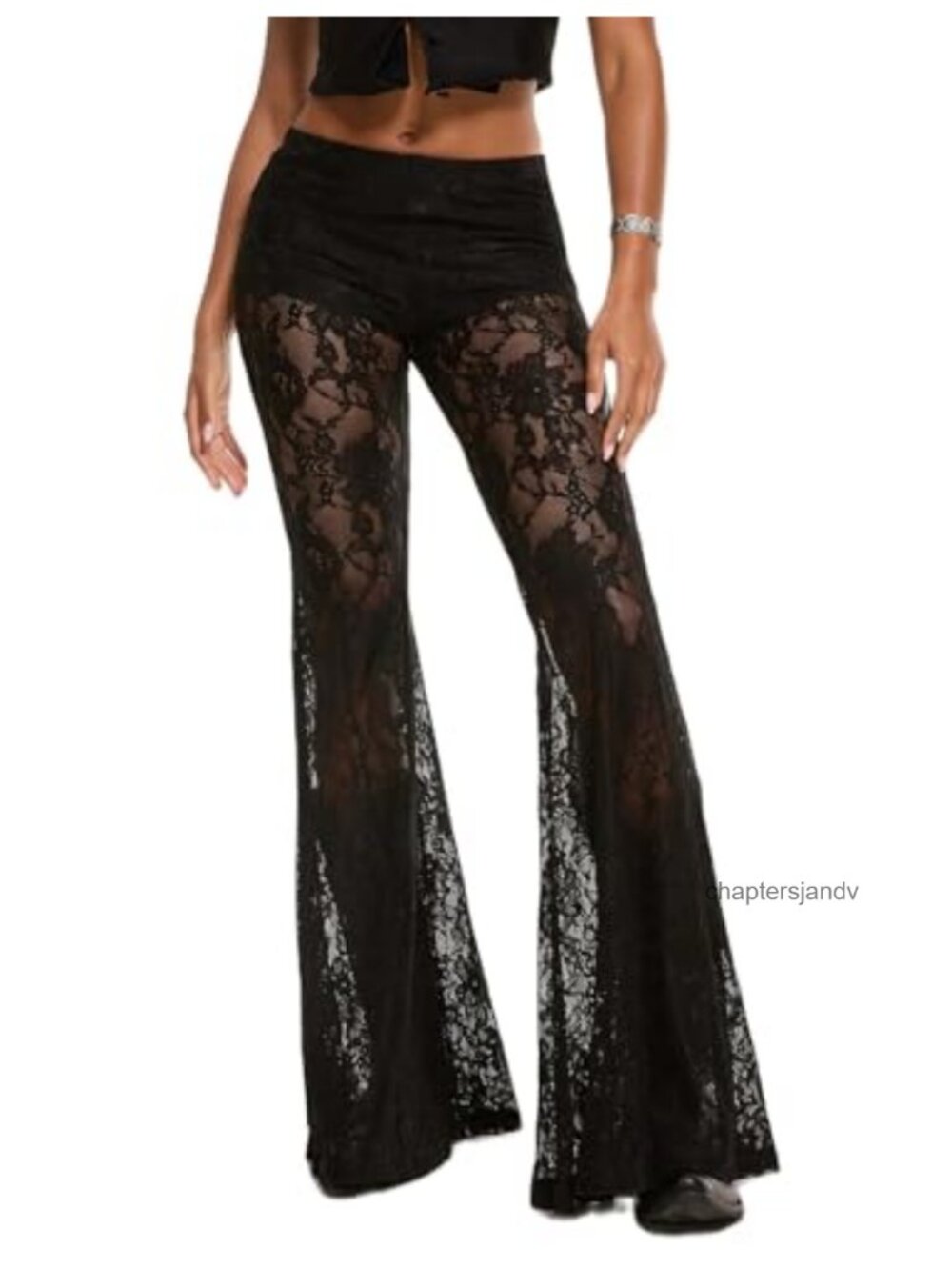Women's Floral Lace Bell Bottom Pants See Through Flare Leggings